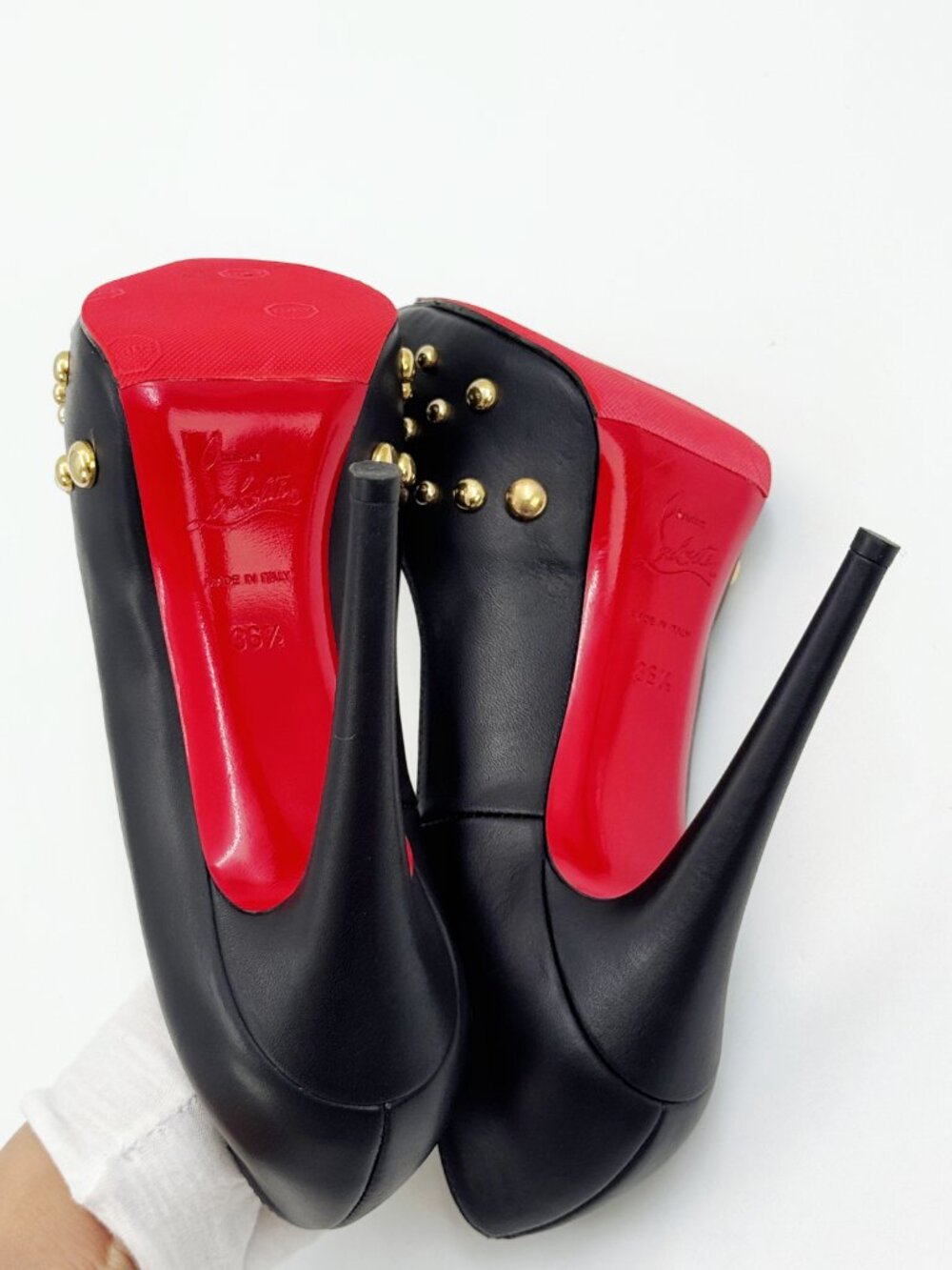 Christian Louboutin Black Leather Gold Stud Peep Toe Platform Pumps - Picture 2 of 6